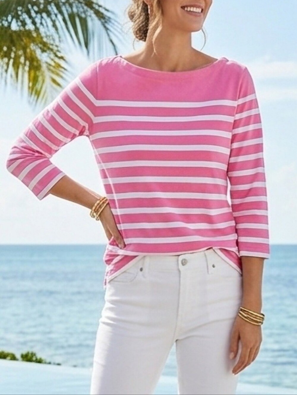 L.L. Bean 100% Cotton Pink/White Striped Boatneck Top 3/4 Sleeves Large
